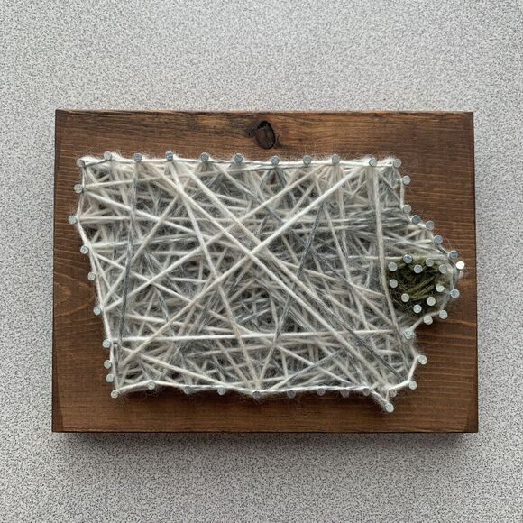 State of Iowa Shaped Nail and String Art Wood Wall Hanging Handmade Decor - Picture 1 of 6